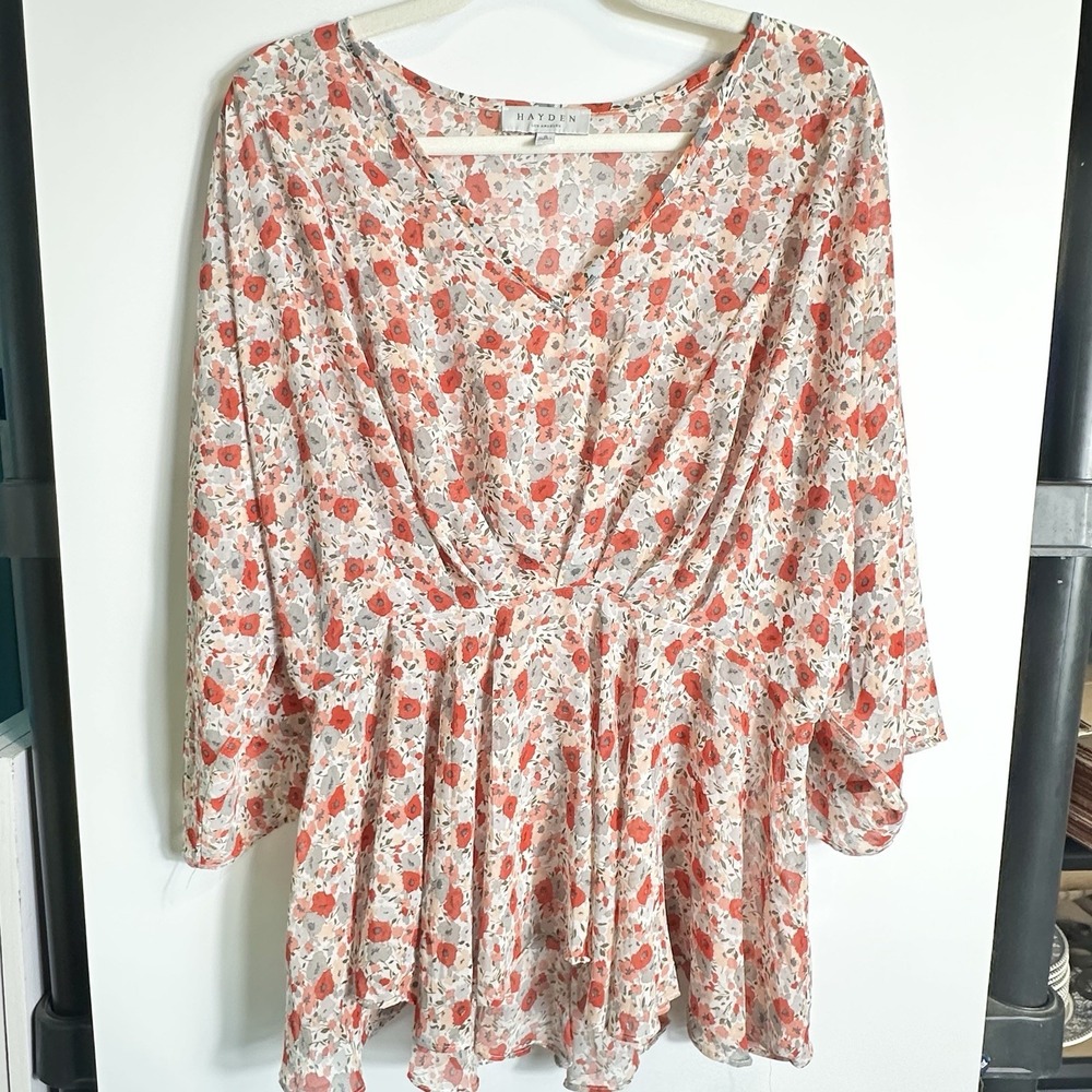 Hayden Floral Babydoll Peplum Blouse Pink Coral Womens Size S Boho‎ Semi-sheer - Picture 2 of 5
